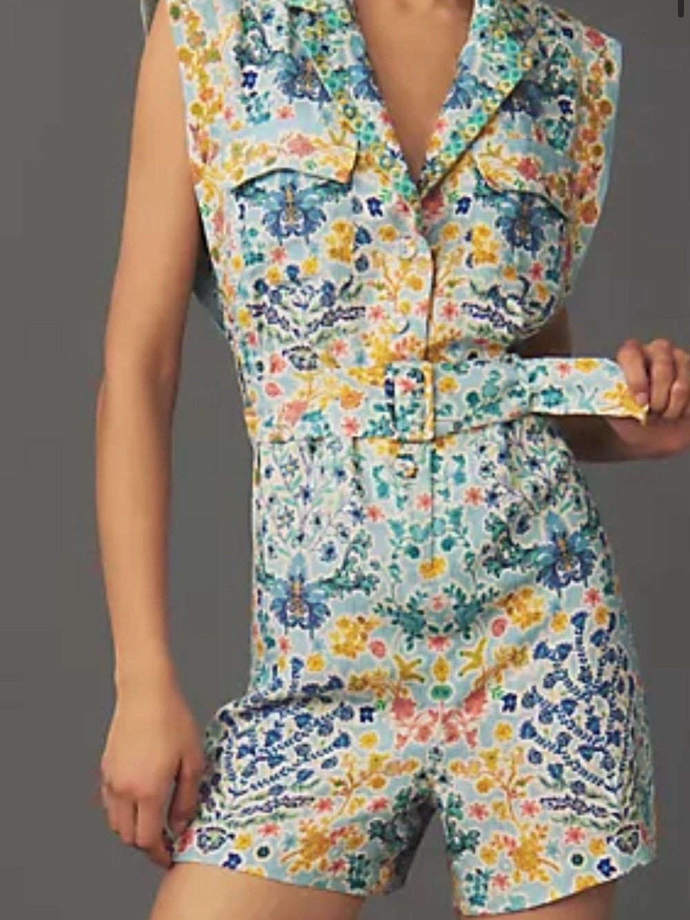 Ranna Gill Anthropologie Linen Floral Romper Size S Read Description/No Belt
